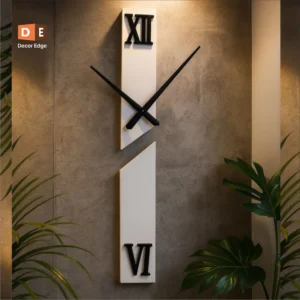 Modern vertical wall clock with Roman numerals in cream and black by Decor Edge