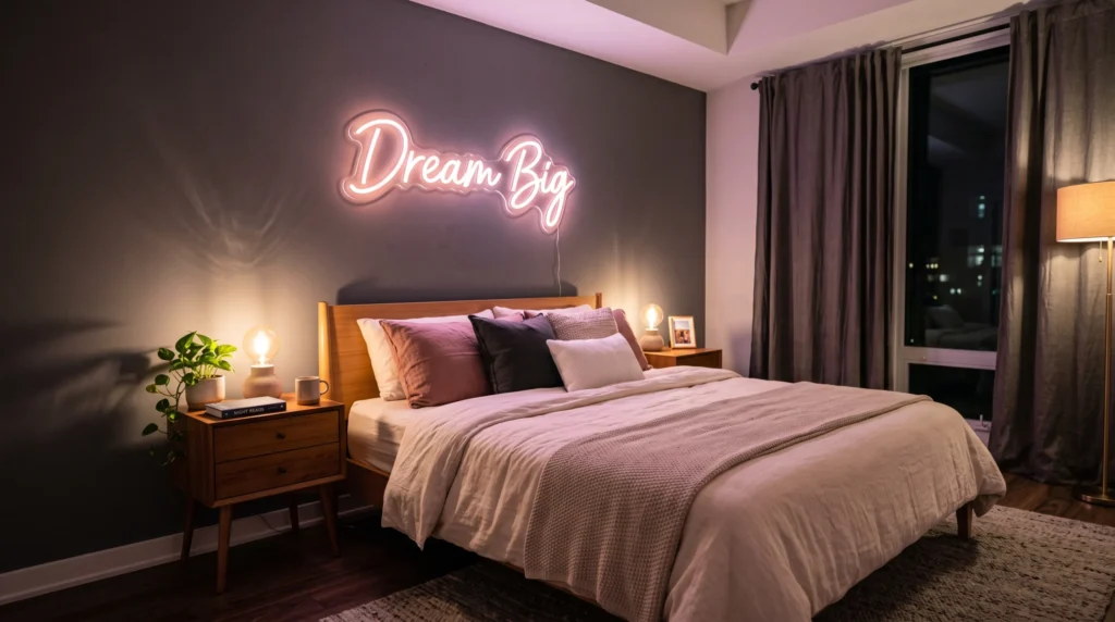 Decor Edge showroom wall with custom neon signs and wall clocks in Pakistan