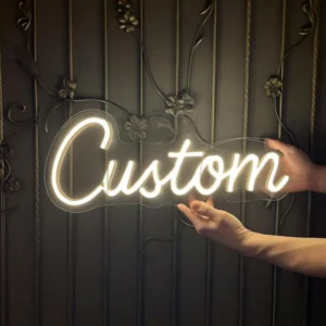 Custom neon sign LED sign in cursive script mounted on decorative metal wall – Decor Edge