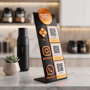 Acrylic QR Code Stand Black and orange countertop QR code holder for payments and social media