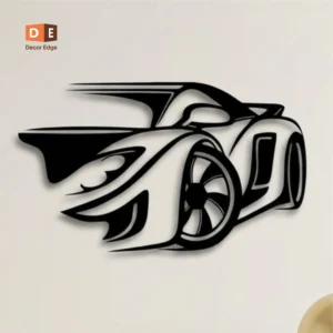 Handcrafted race car metal wall art in matte black by Decor Edge