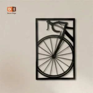 Bicycle metal wall art by Decor Edge mounted on beige living room wall